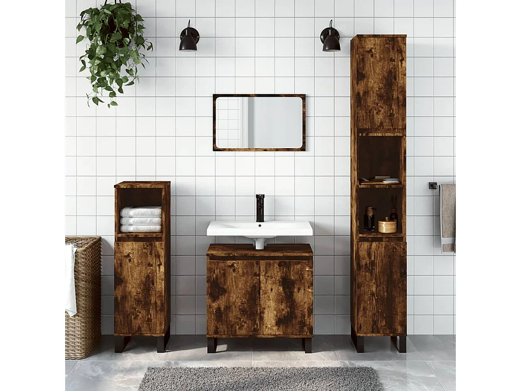 Armadietto Bagno Rovere Fumo 30x30x190 cm in Legno Multistrato