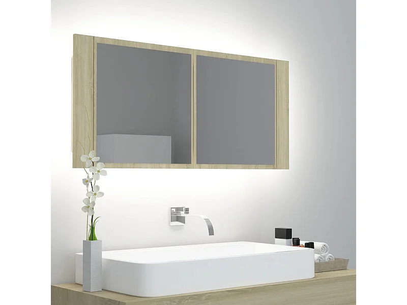 Badkamerkast met spiegel LED acryl sonoma eikenkleurig