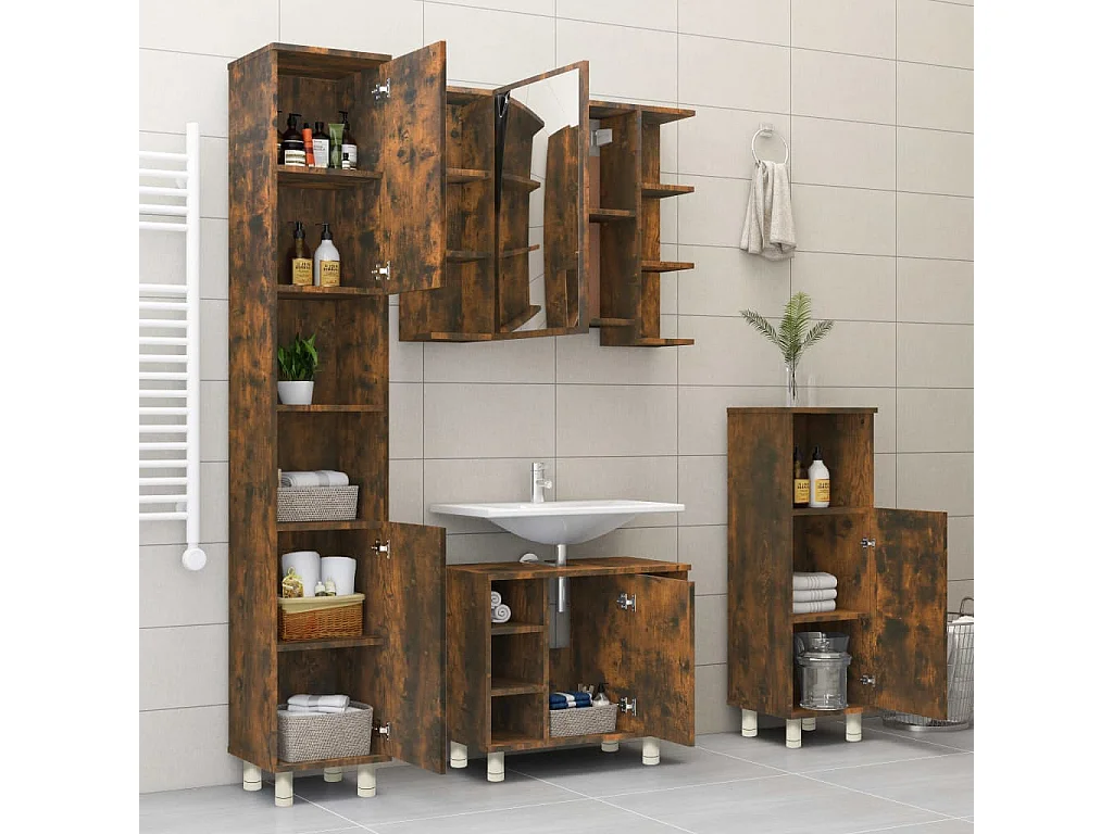 Armadietto Bagno Rovere Fumo 30x30x95 cm in Legno Multistrato
