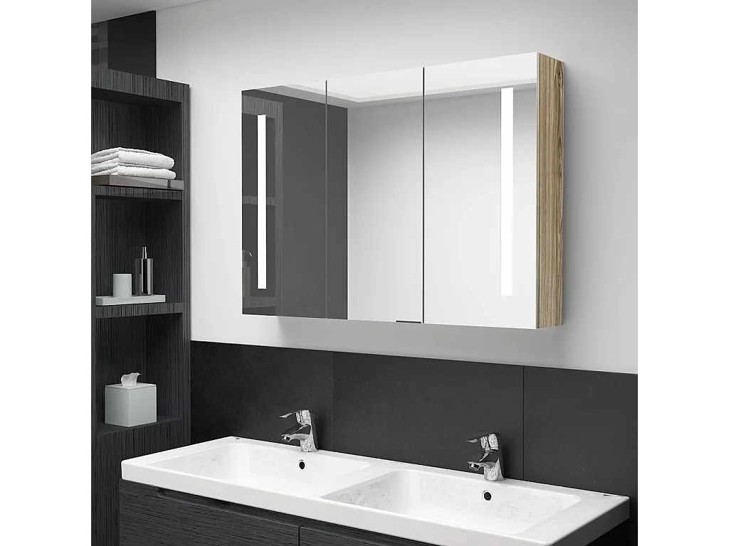 Badkamerkast met spiegel en LED 89x14x62 cm eikenkleurig