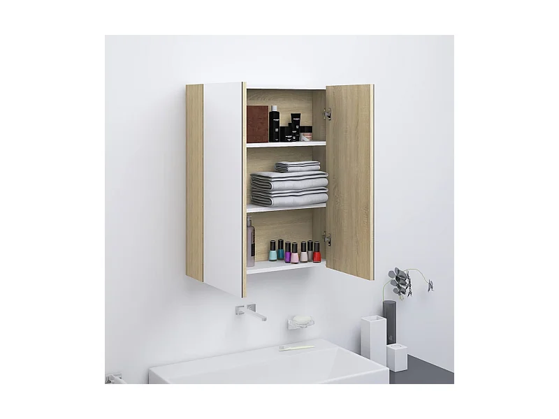 Bad-Spiegelschrank 60x15x75 cm MDF Weiß und Eiche-Optik