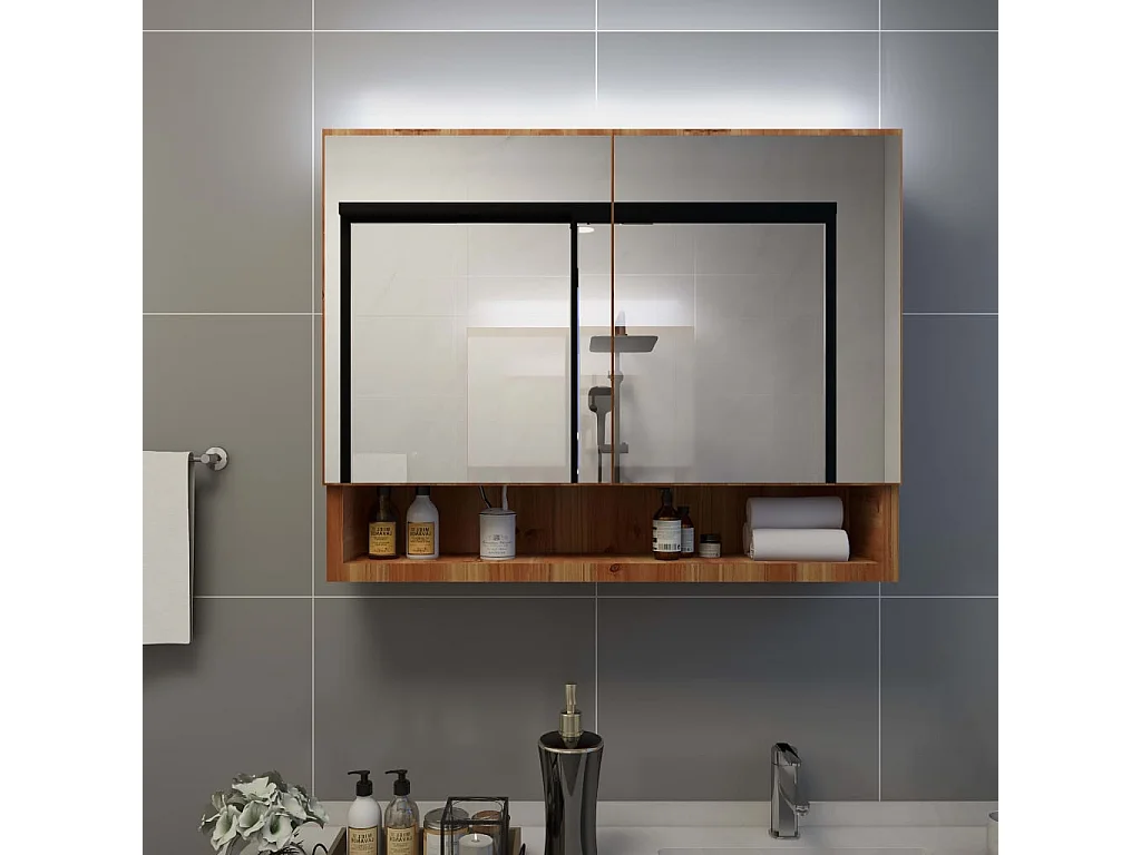 Armário espelhado casa banho com LED 80x15x60 cm MDF carvalho