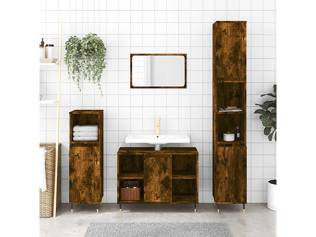 Badkamerkast 30x30x100 cm bewerkt hout gerookt eikenkleurig