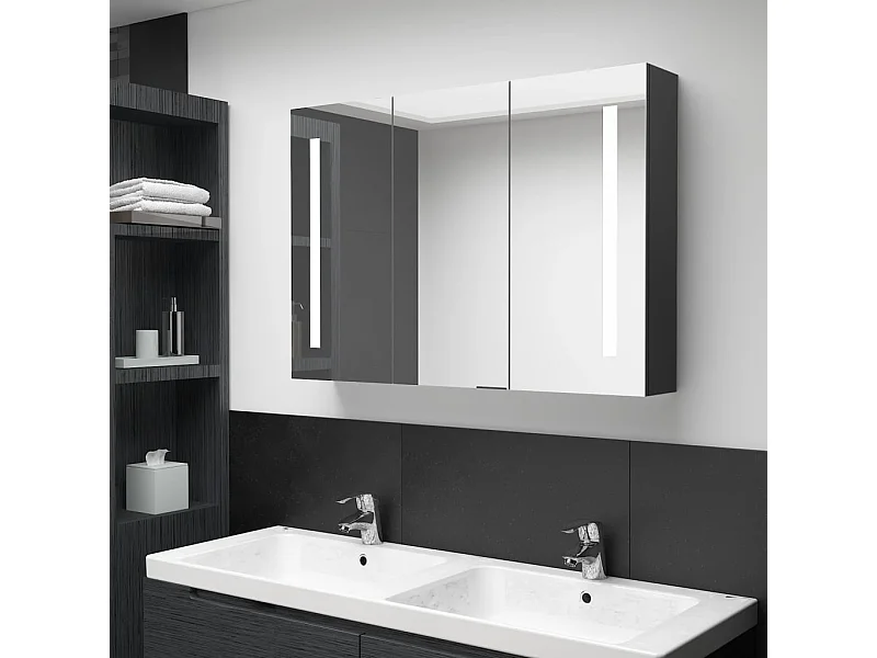 Armoire de salle de bain à miroir LED 89x14x62 cm noir brillant