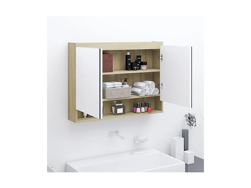 Spiegelschrank fürs Bad 80x15x60 cm MDF Weiß und Eiche-Optik