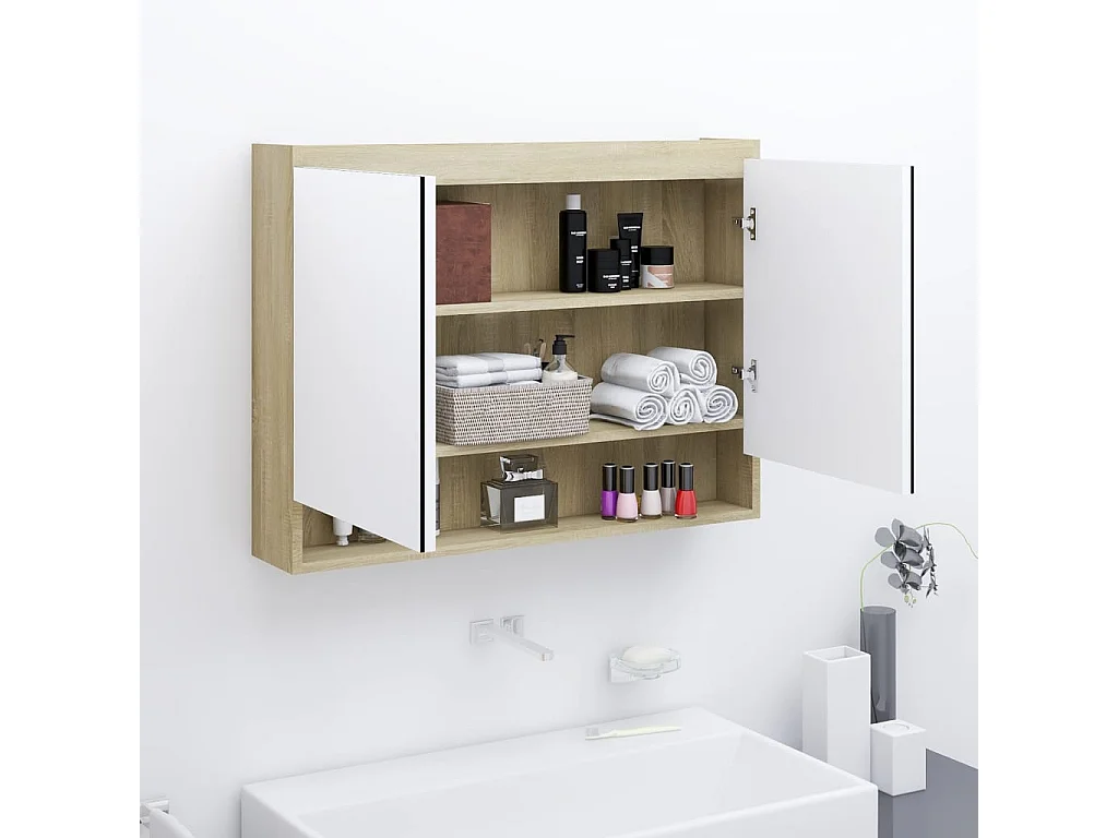Armoire à miroir de salle de bain 80x15x60cm MDF Blanc et chêne