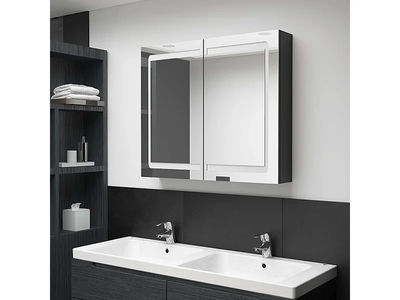 Armoire de salle de bain à miroir LED noir brillant 80x12x68 cm