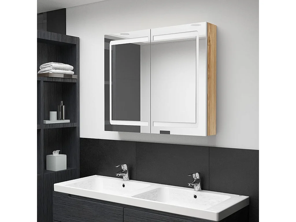 Armário espelhado casa de banho LED 80x12x68 cm branco/carvalho