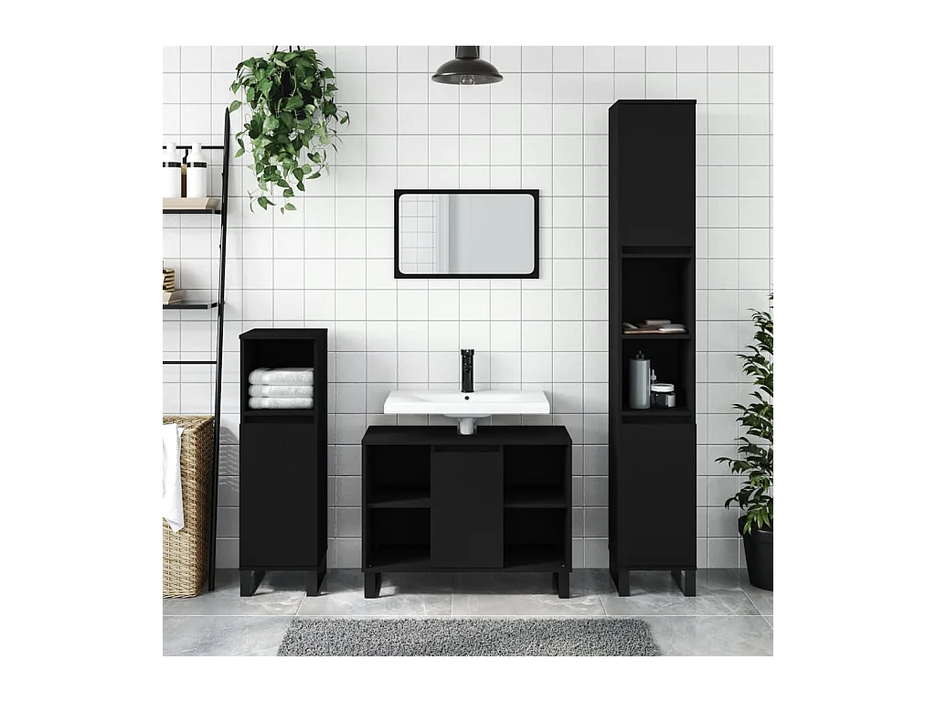 Set Mobili da Bagno 3 pz Nero in Legno Multistrato