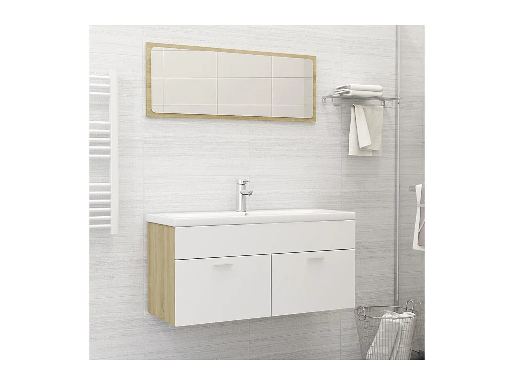 Ensemble de meubles de bain Blanc et chêne sonoma Aggloméré
