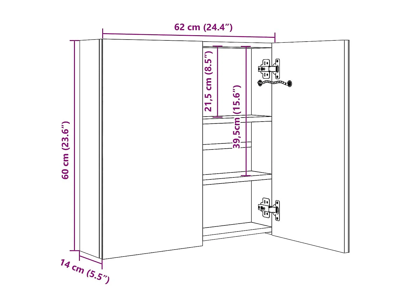 Armoire de salle de bain à miroir LED Gris brillant 62x14x60 cm