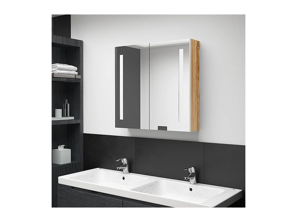 Armoire de salle de bain à miroir LED blanc et chêne 62x14x60cm