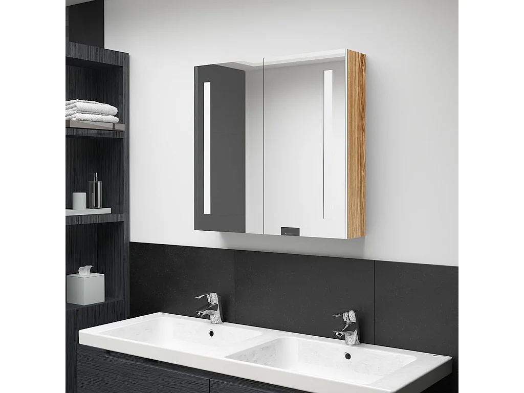 Badkamerkast met spiegel en LED 62x14x60 cm wit en eikenkleurig