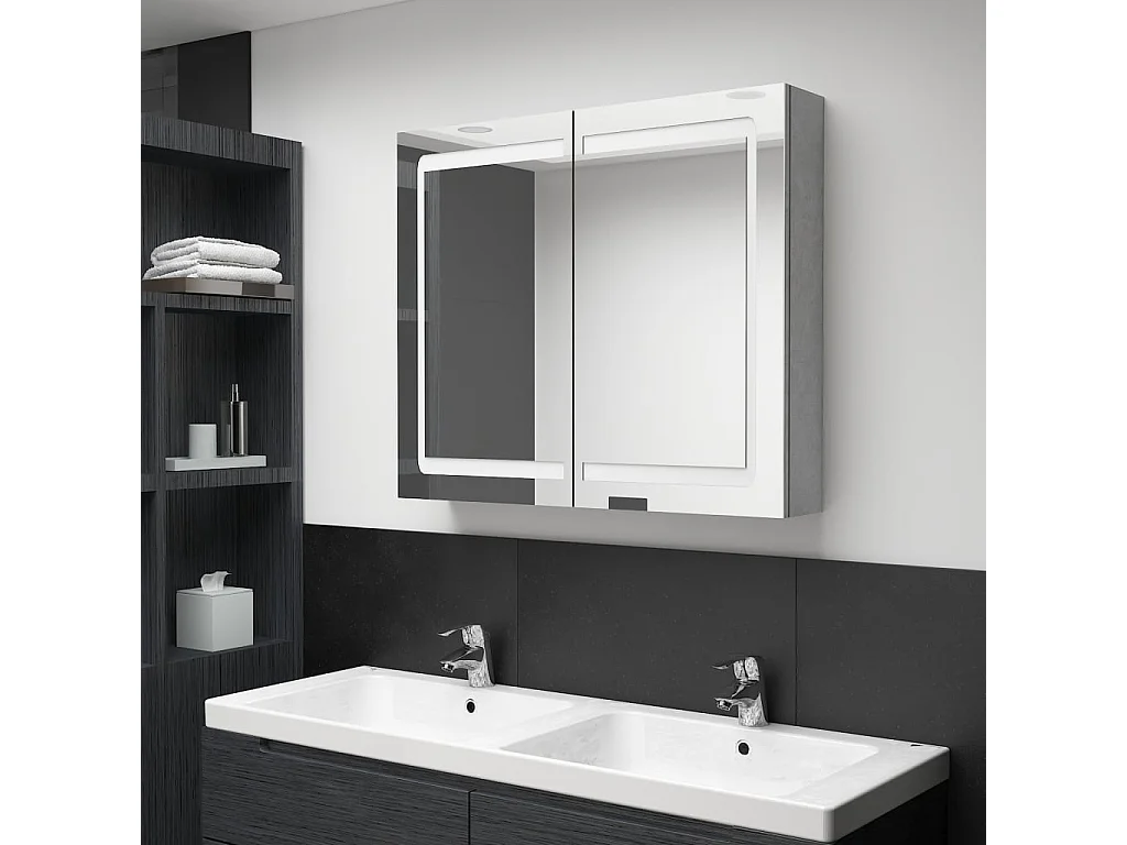 Armadietto Bagno con Specchio e LED Grigio Cemento 80x12x68 cm