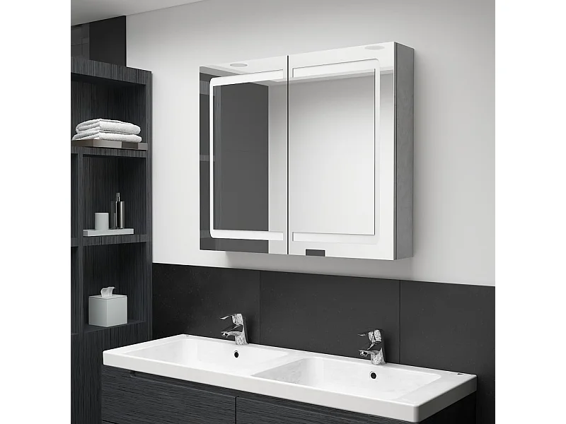 Armoire de salle de bain à miroir LED Gris béton 80x12x68 cm