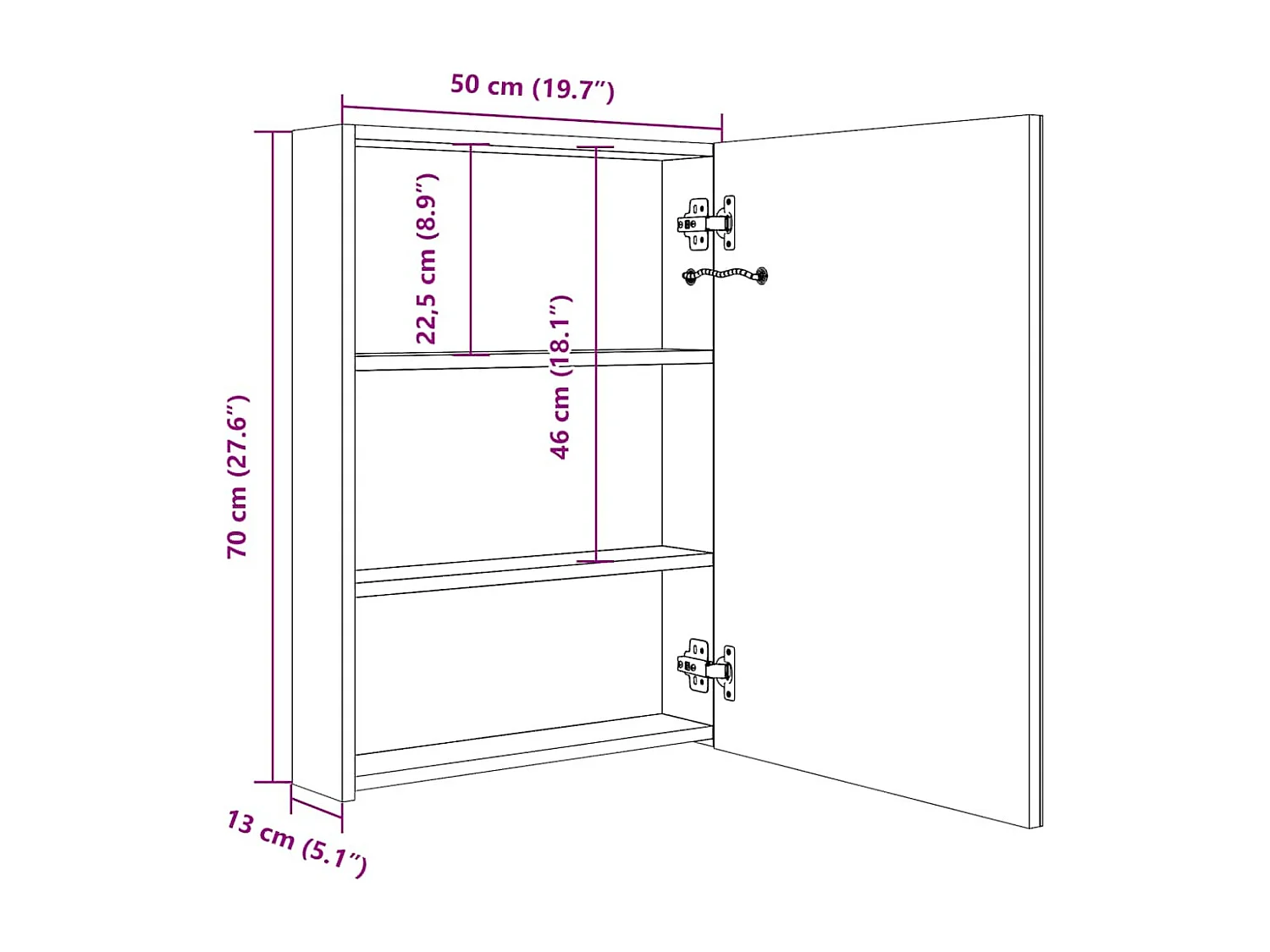 Armoire de salle de bain à miroir LED 50x13x70 cm
