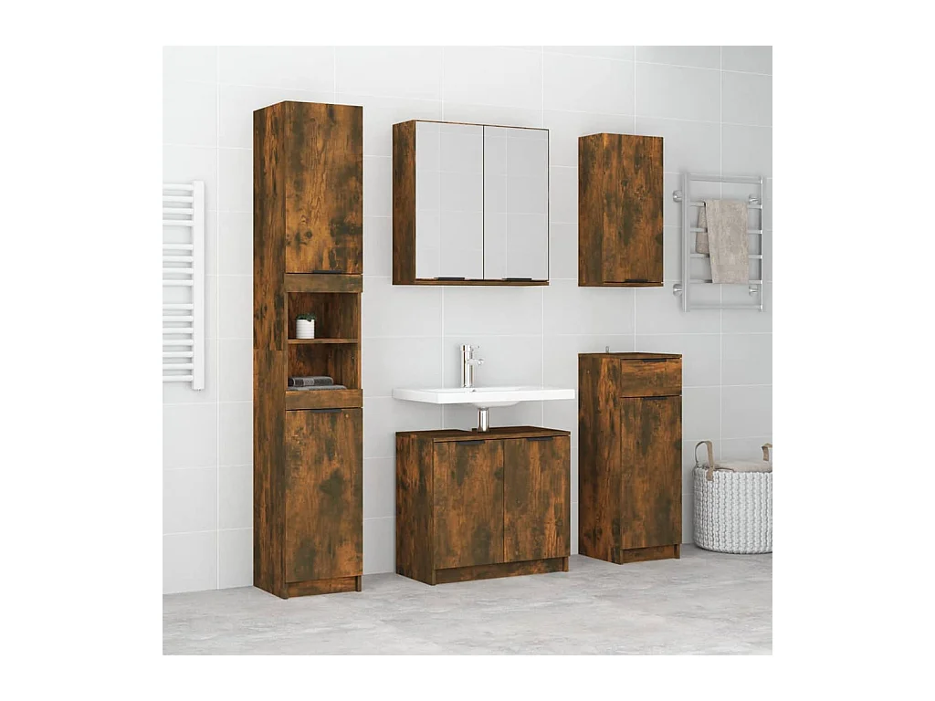 Set Mobili da Bagno 5 pz Rovere Fumo in Legno Multistrato
