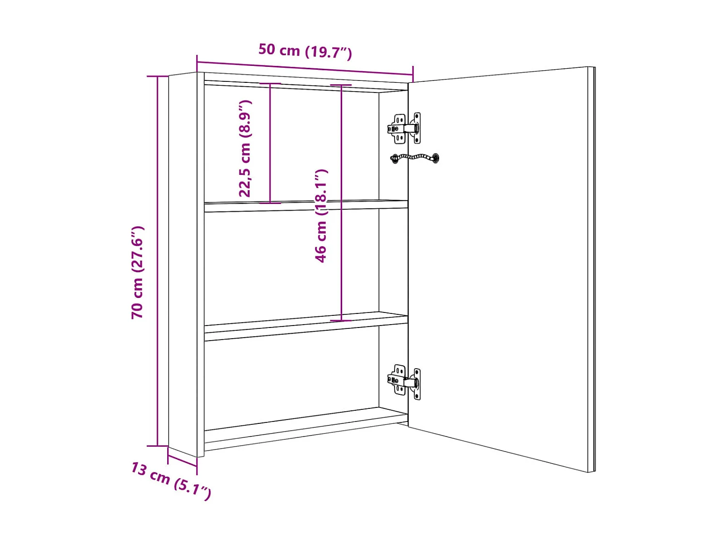 Armoire de salle de bain à miroir LED noir brillant 50x13x70 cm