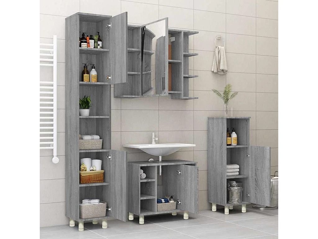 Armadietto Bagno Grigio Sonoma 30x30x95 cm in Legno Multistrato