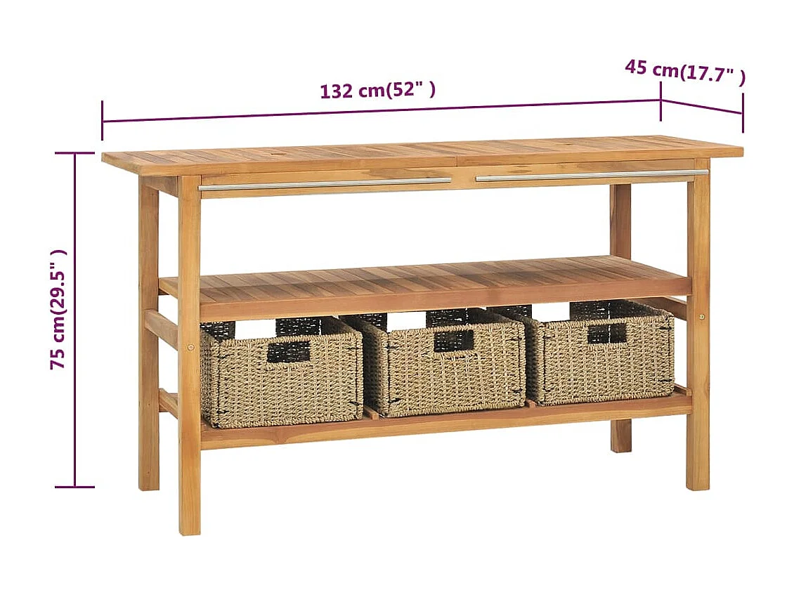Meuble de salle de bain avec 3 paniers Teck solide 132x45x75 cm