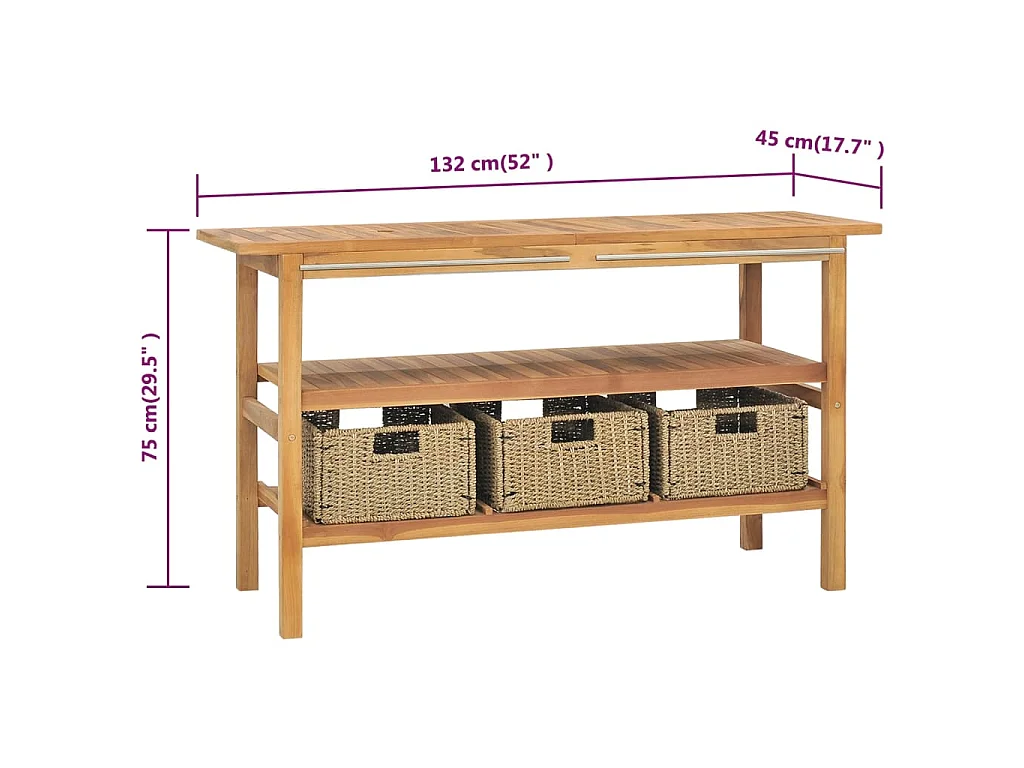 Meuble de salle de bain avec 3 paniers Teck solide 132x45x75 cm
