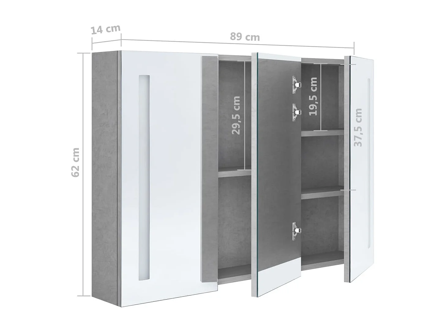 Armoire de salle de bain à miroir LED Gris béton 89x14x62 cm