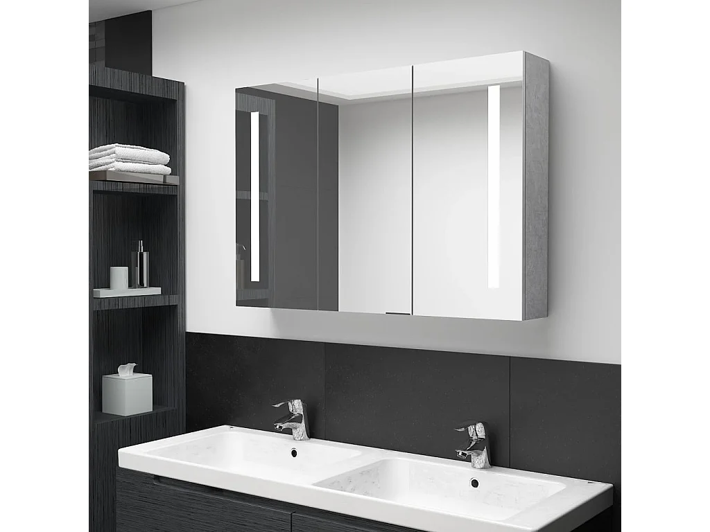 Armadietto Bagno con Specchio e LED Grigio Cemento 89x14x62 cm