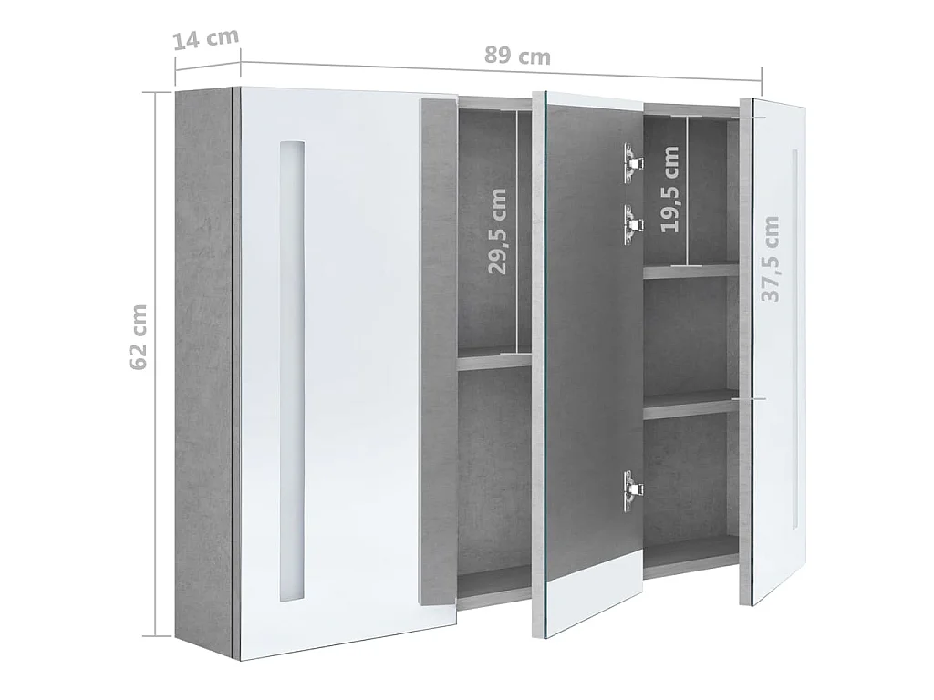 Armadietto Bagno con Specchio e LED Grigio Cemento 89x14x62 cm