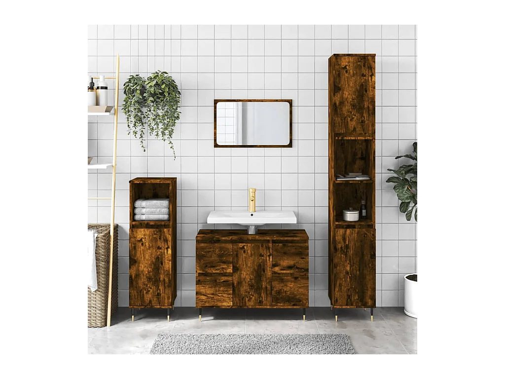 Armoire salle de bain chêne fumé 80x33x60cm bois d'ingénierie