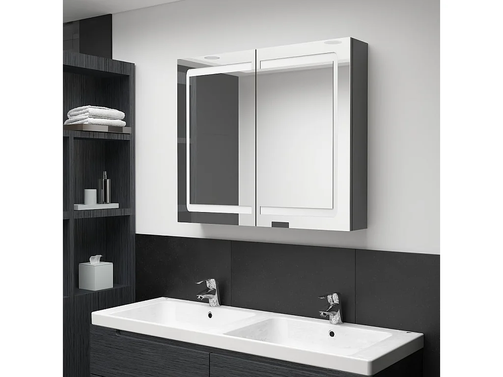 Armoire de salle de bain à miroir LED gris 80x12x68 cm