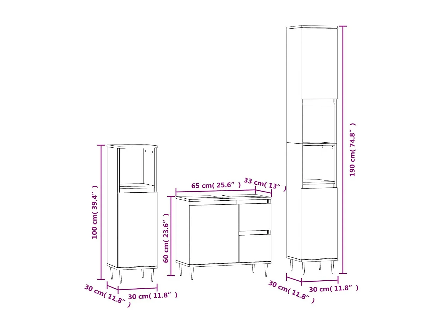 Set Mobili da Bagno 3 pz Rovere Fumo in Legno Multistrato