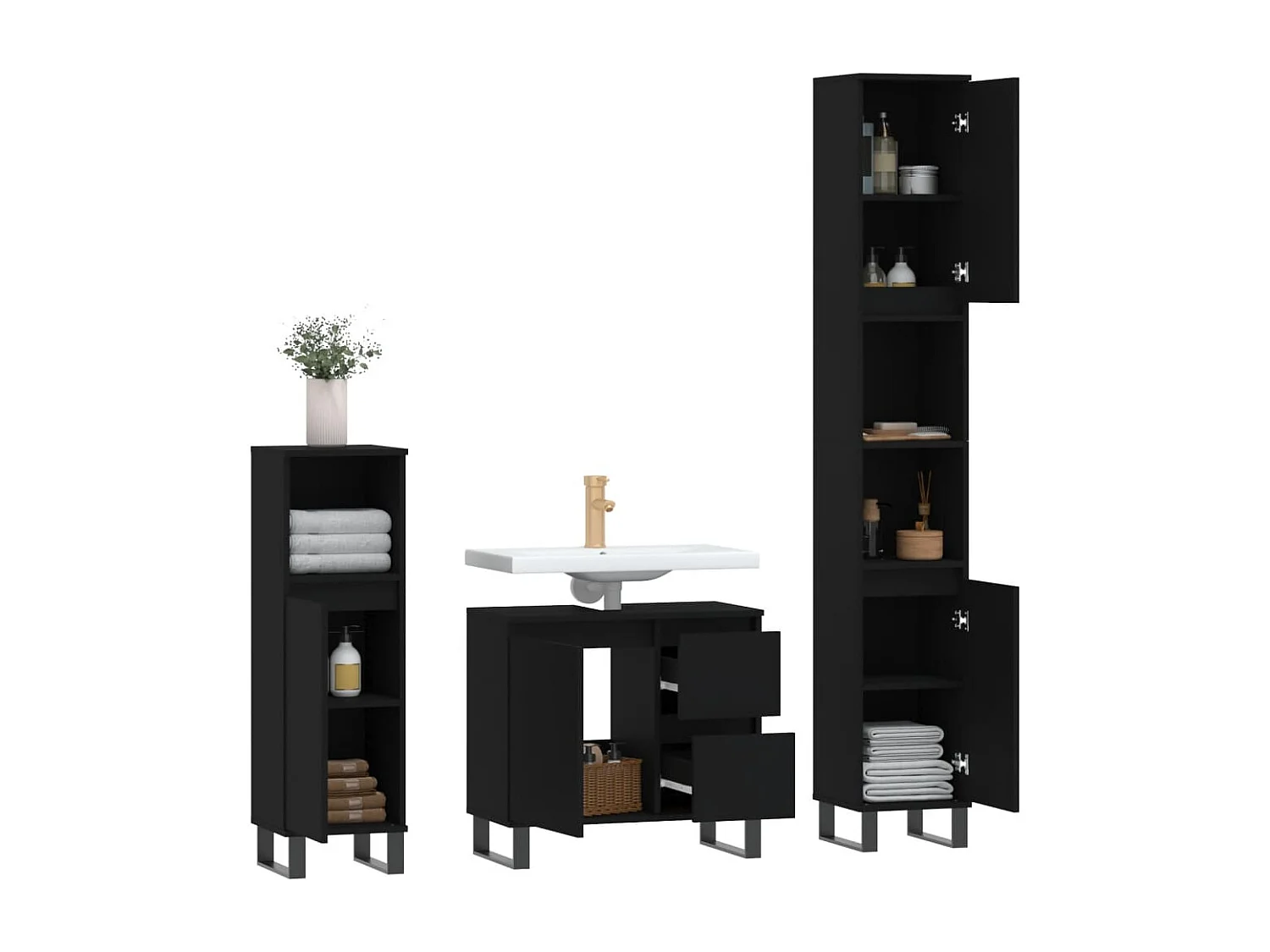 3-tlg. Badmöbel-Set Schwarz Holzwerkstoff