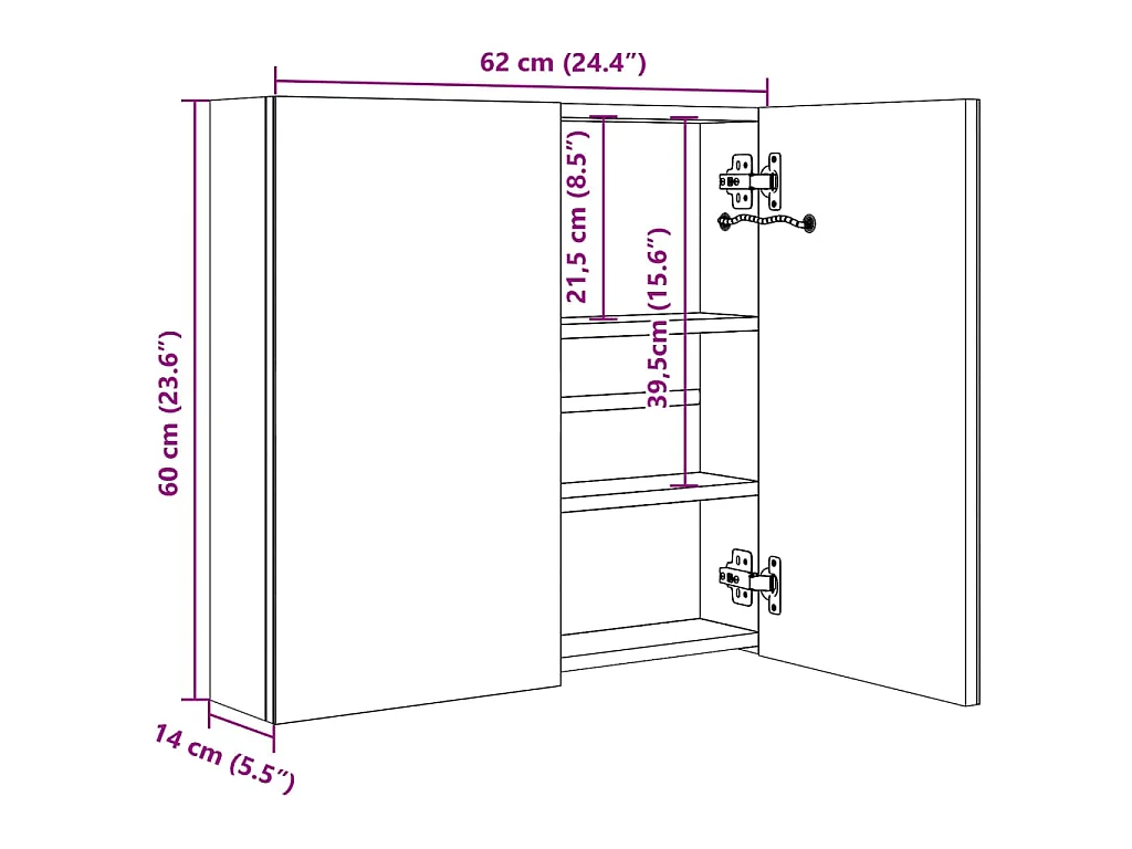 Armoire de salle de bain à miroir LED Chêne 62x14x60 cm