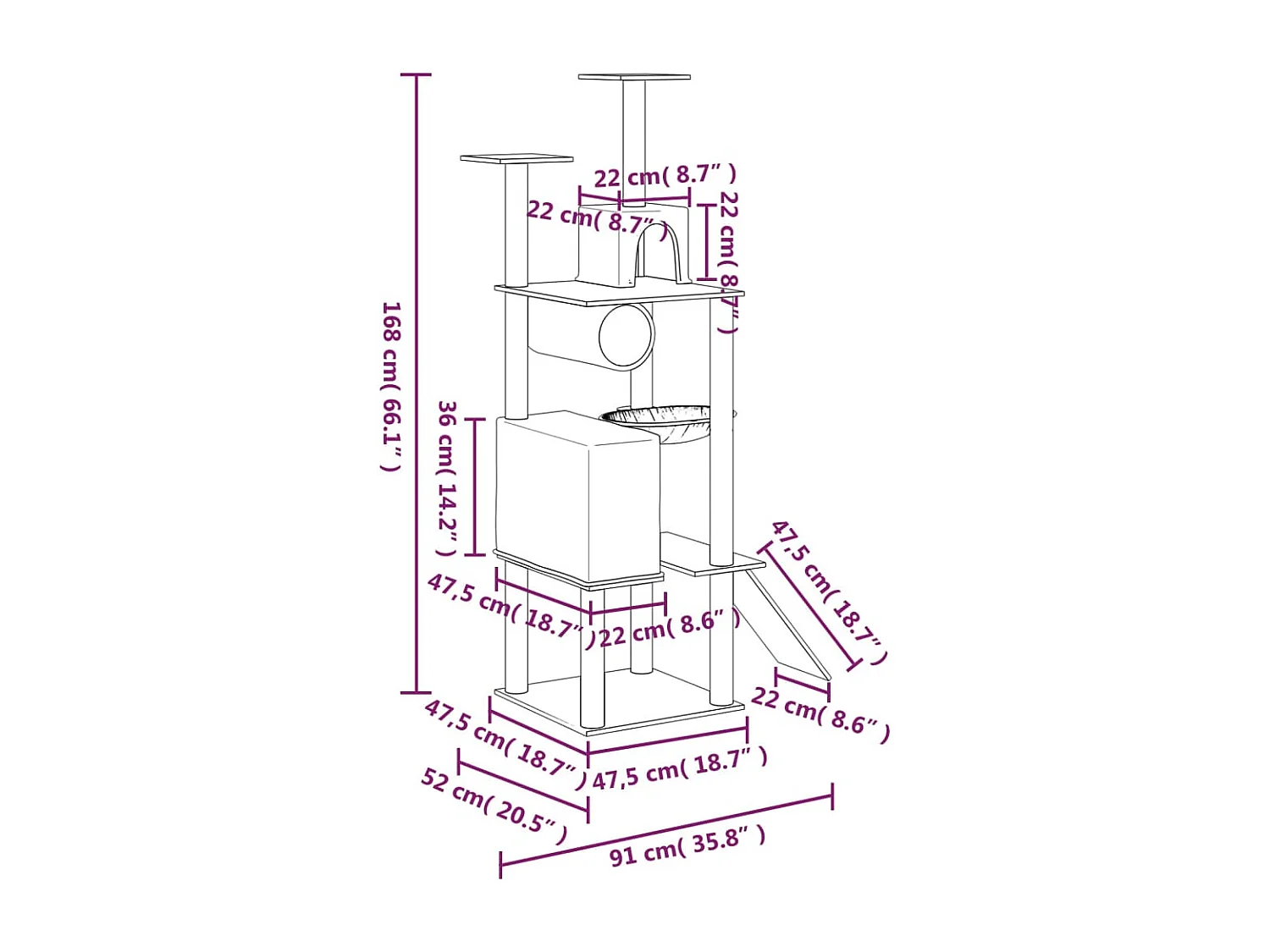 Árvore para gatos c/ postes arranhadores sisal 168 cm cor creme