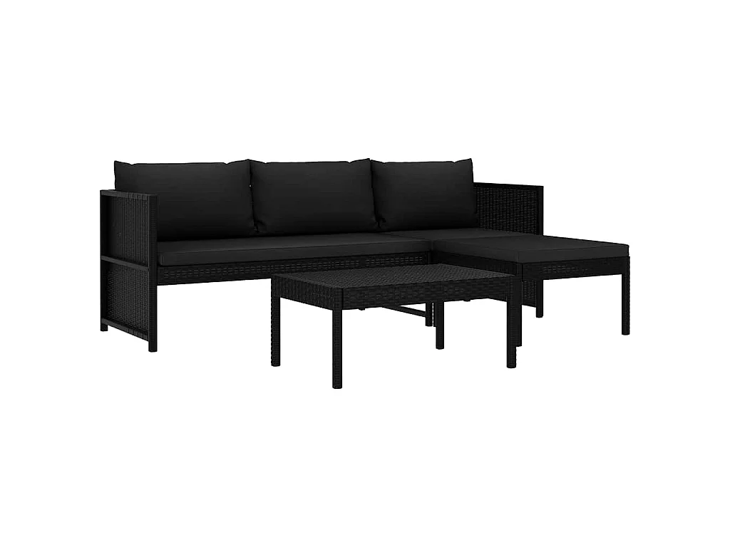 Set de muebles de jardín 3 piezas y cojines ratán sintético negro