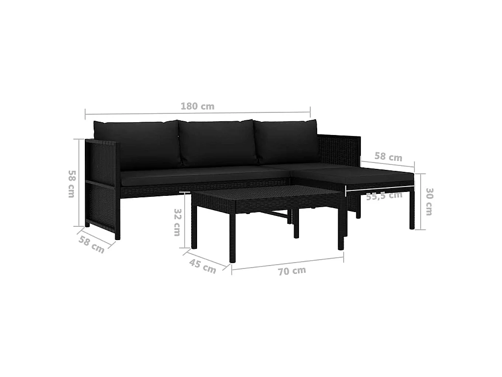 Set de muebles de jardín 3 piezas y cojines ratán sintético negro