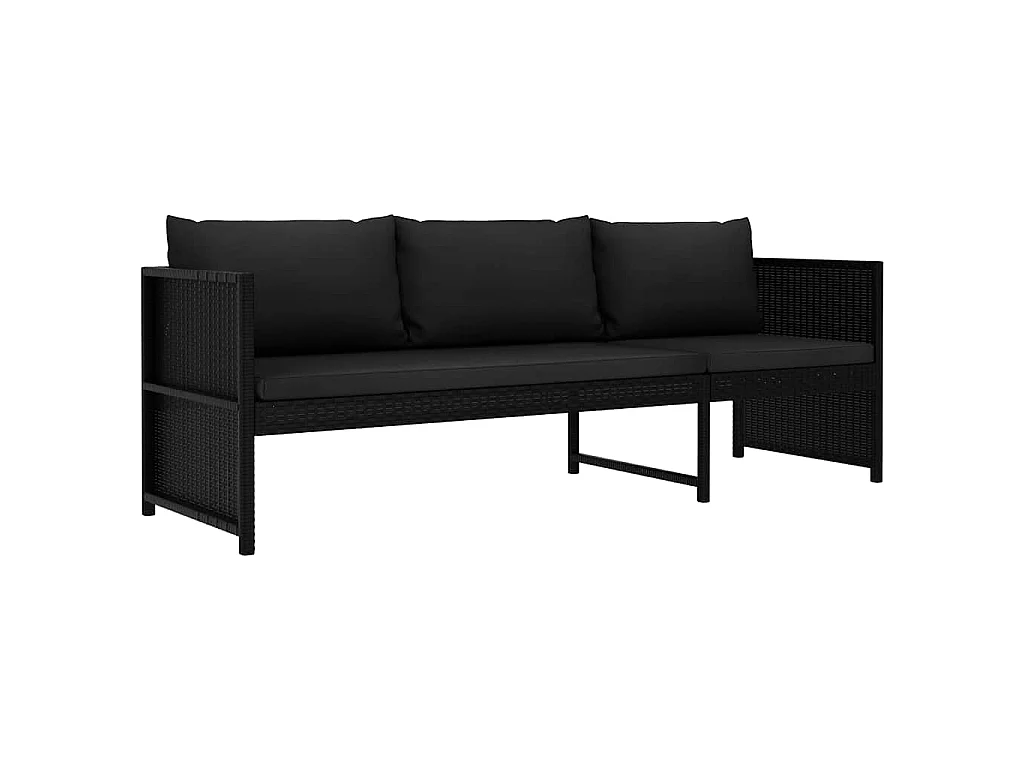 Set de muebles de jardín 3 piezas y cojines ratán sintético negro