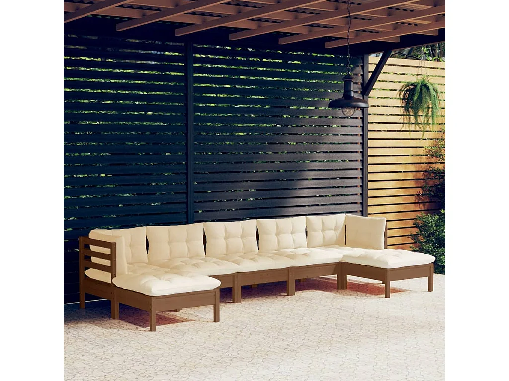 7-tlg. Garten-Lounge-Set mit Kissen Honigbraun Kiefernholz