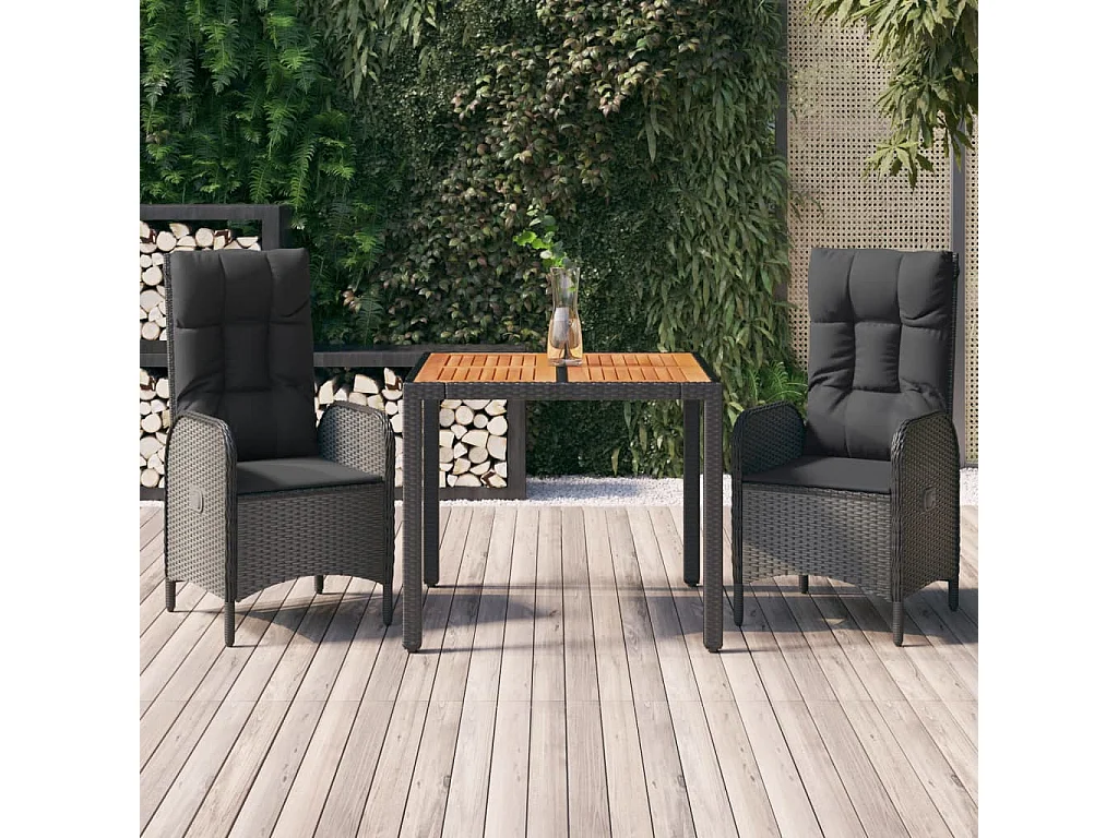 Ensemble à manger de jardin avec coussins 3 pcs Noir