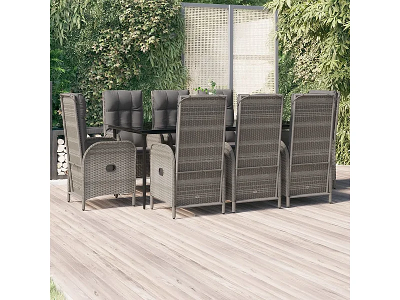 9-tlg. Garten-Essgruppe mit Kissen Schwarz und Grau Poly Rattan