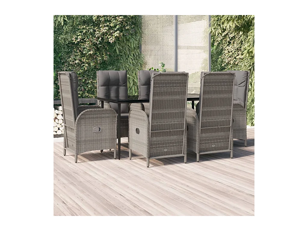 Ensemble à manger jardin et coussins 7 pcs Noir et gris Rotin