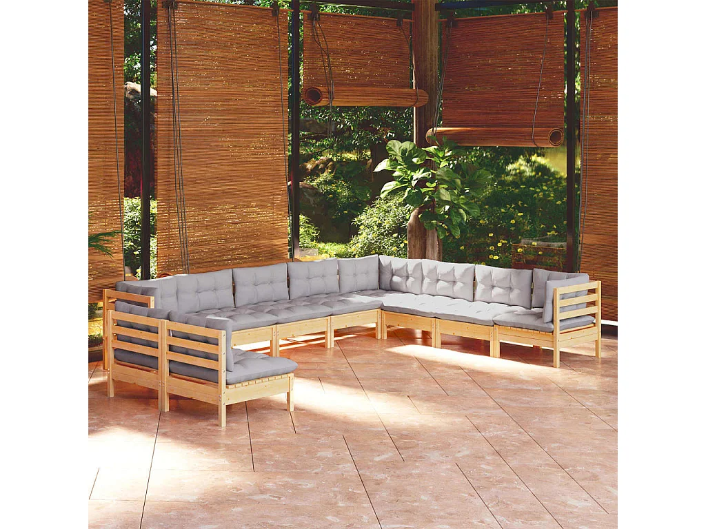 10-tlg. Garten-Lounge-Set mit Grauen Kissen Massivholz Kiefer
