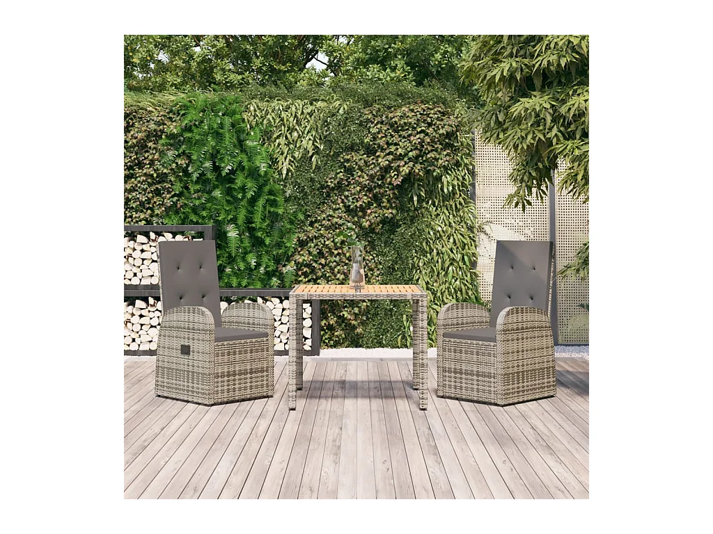 Set da Pranzo da Giardino 3 pz con Cuscini in Polyrattan Grigio