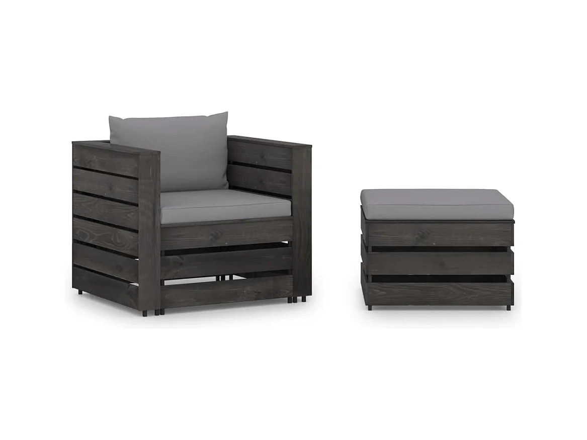 Salon de jardin 2 pcs avec coussins Bois imprégné de gris