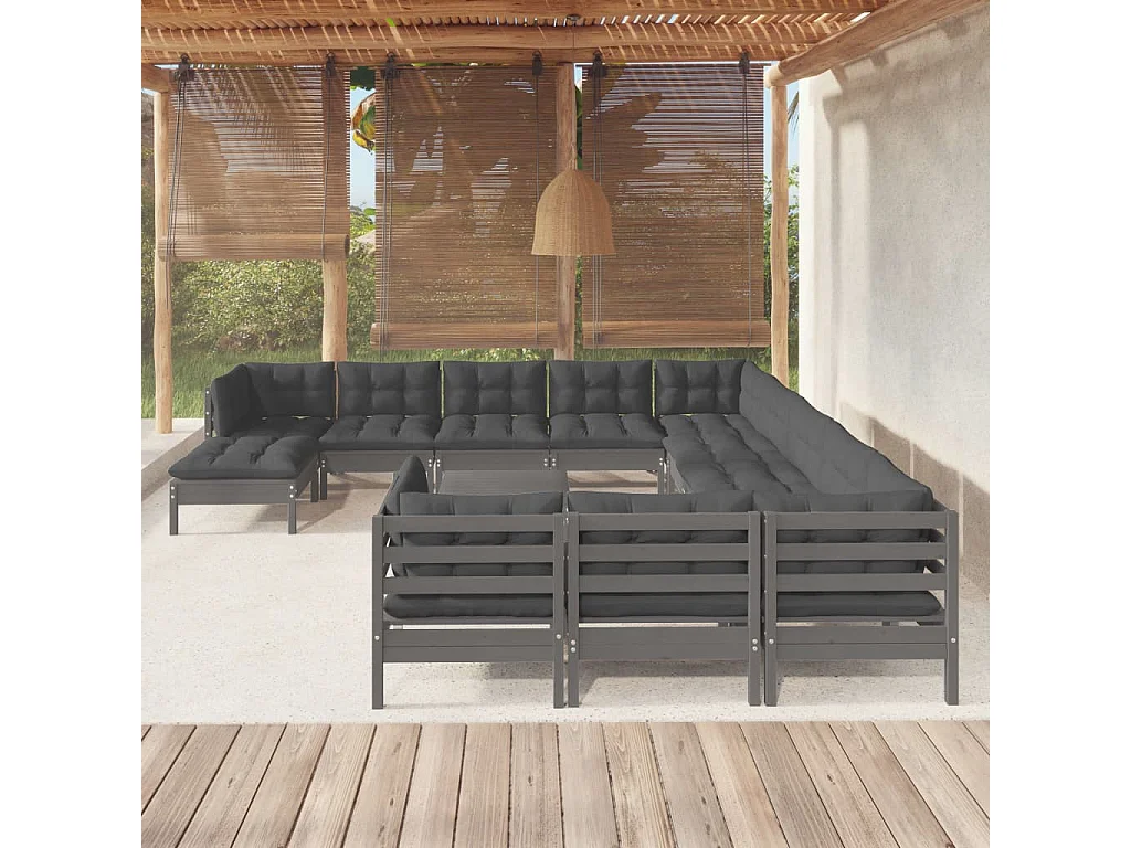 13-tlg. Garten-Lounge-Set mit Kissen Grau Kiefernholz