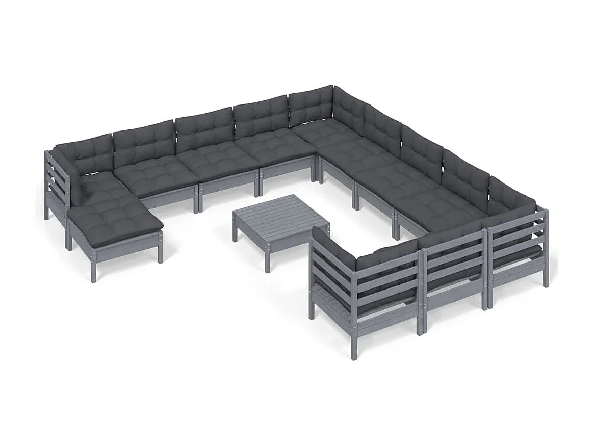13-tlg. Garten-Lounge-Set mit Kissen Grau Kiefernholz