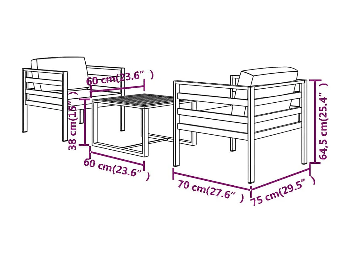 Set Divani da Giardino 3 pz con Cuscini in Alluminio Antracite