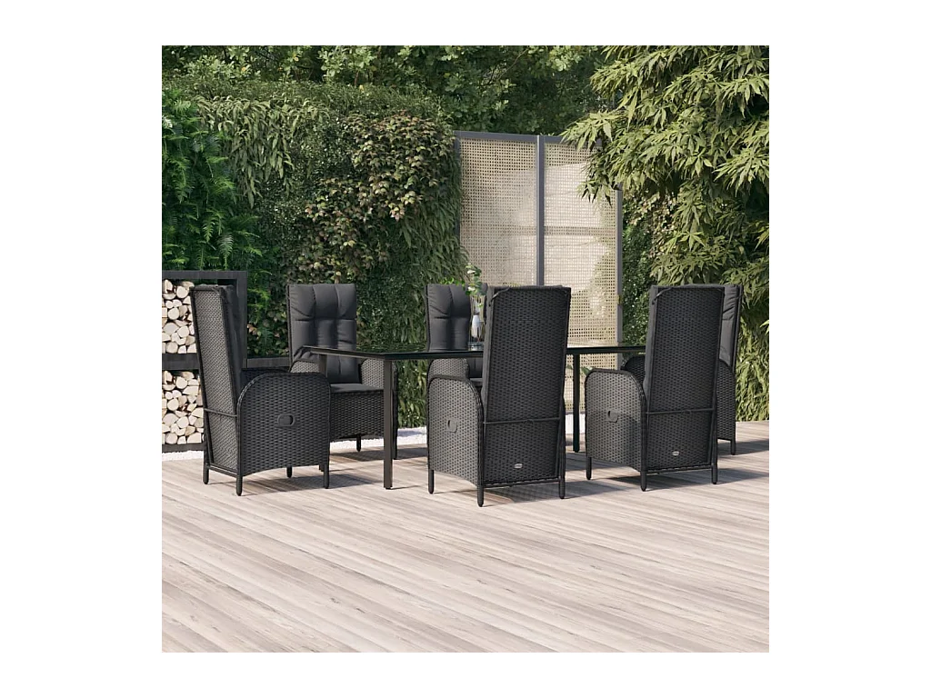Ensemble à manger de jardin coussins 7pcs Noir Résine tressée
