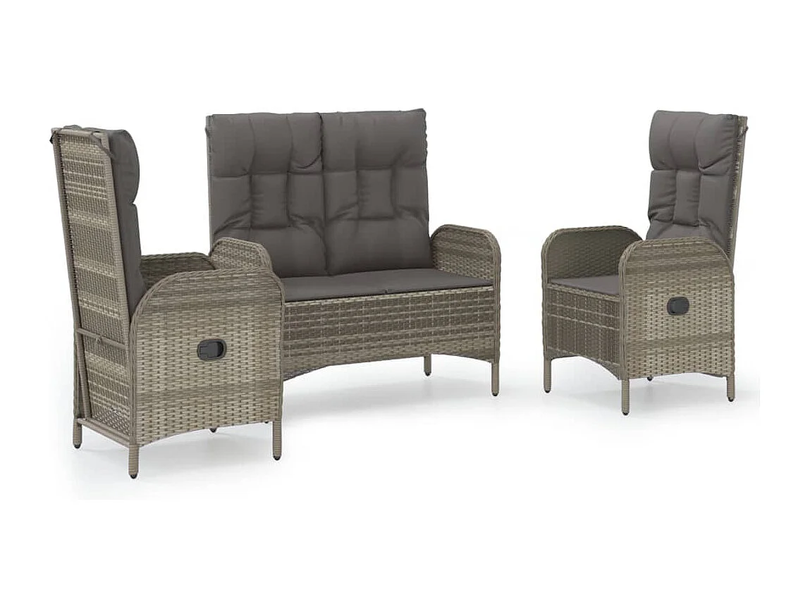 3-tlg. Garten-Essgruppe mit Kissen Grau Poly Rattan