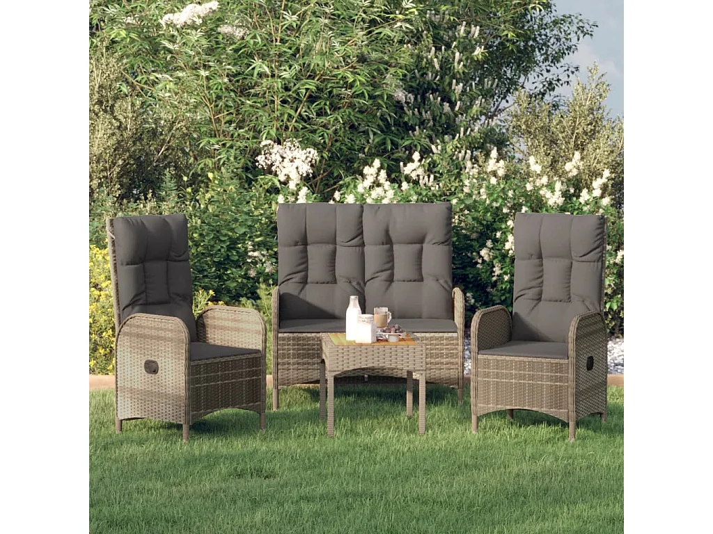 3-tlg. Garten-Essgruppe mit Kissen Grau Poly Rattan